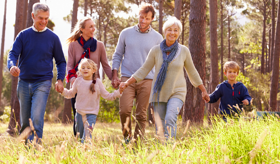 A multi-generational family walking through the countryside illustrating an article about estate planning